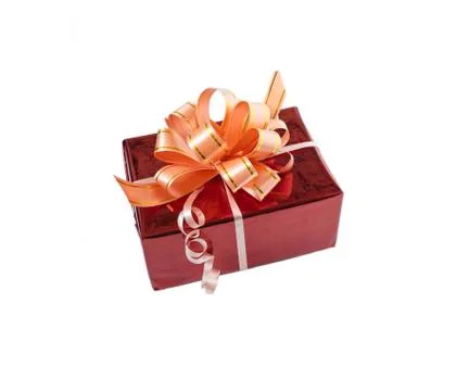 Red gift box with bow top view Stock Photos