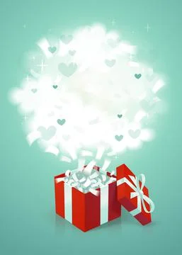 Red gift box with clouds, gift card template. Box with confetti and fluffy Stock Illustration