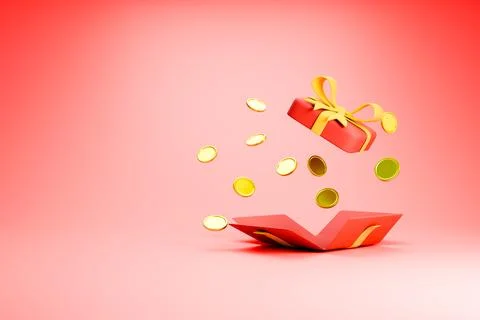 Red gift box with coins for festive sale and bonus Stock Illustration