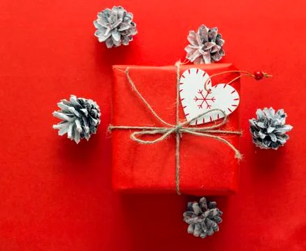 Red gift box with a cones on a red background. Christmas background. Top view Stock Photos