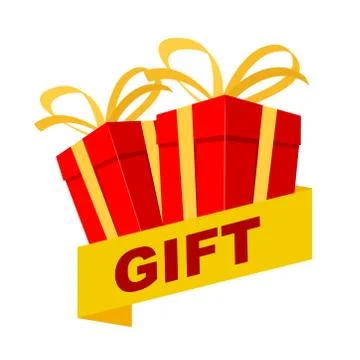 Red gift box with gold bow and ribbon for design Christmas greeting card on w Stock-Illustration