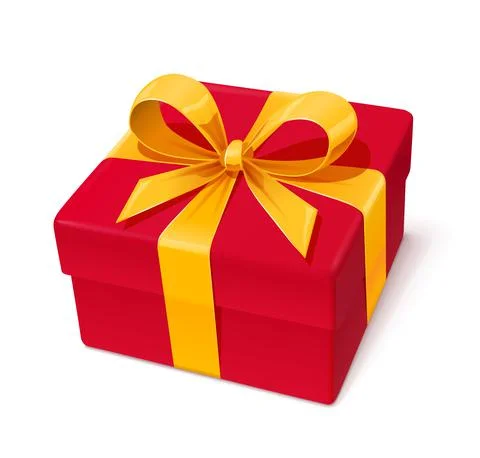 Red gift box with gold bow. Vector illustration. Illustrazione stock