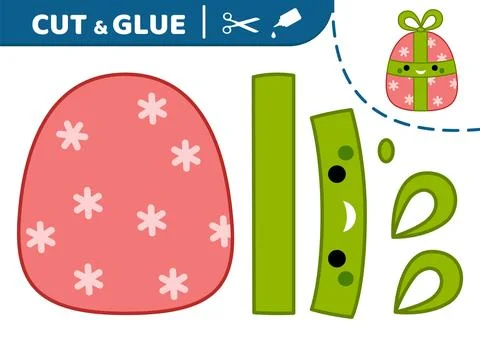 Red gift box with green bow. Cut and glue. Christmas gift. Squishmallow Illustrazione stock