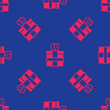 Red Gift box icon isolated seamless pattern on blue background. Vector Stock Illustration