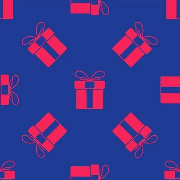Red Gift box icon isolated seamless pattern on blue background. Merry Christmas 스톡 일러스트