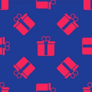 Red Gift box icon isolated seamless pattern on blue background. Merry Christmas Stock Illustration