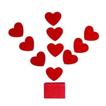 Red gift box open with felt heart love concept isolated on the white backgrou Stock Photos