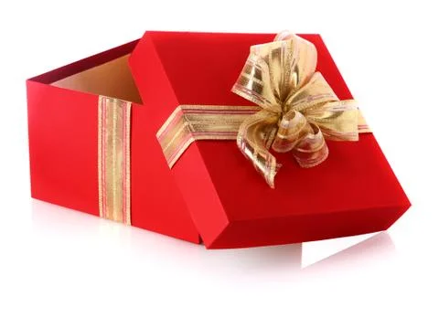 Red gift box with an open lid and golden bow Stock Photos