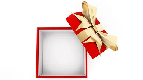 Red gift box opened, decorated with a beautiful gold bow. Giving gifts and .. Illustrazione stock