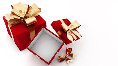 Red gift box opened, decorated with a beautiful gold bow. Giving gifts and .. Illustrazione stock