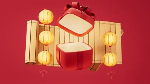 Red gift box opening animation with traditional chinese lanterns and bamboo.. Stock Footage 328335038
