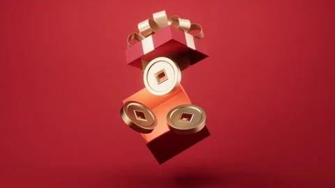 Red gift box opens revealing golden Chinese coins with square holes motion .. Stock Footage 328332554