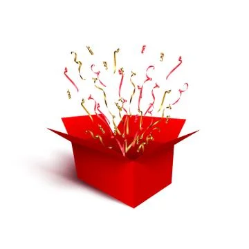 Red gift box with red and golden ribbons, serpentine and confetti isolated on 스톡 일러스트
