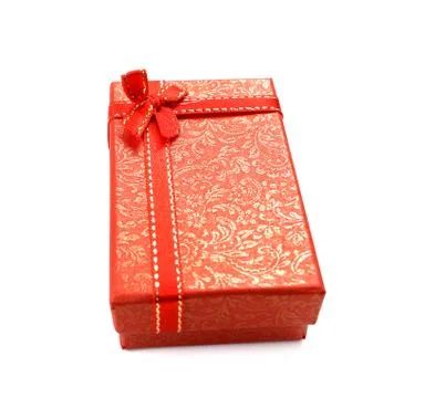 Red gift box with ribbon bow isolated on white background Stock Photos