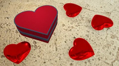 A red gift box in the shape of a heart on the concrete floor and red hearts  Stock Illustration