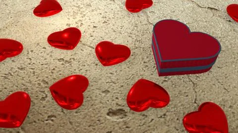 A red gift box in the shape of a heart on the concrete floor and red hearts  Stock Illustration