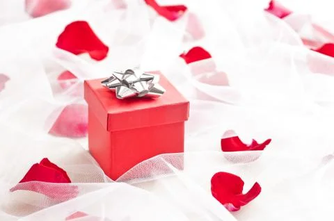 Red gift box with silver bow on wedding veil Stock Photos