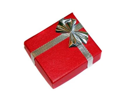 Red gift box with silver bow 스톡 사진