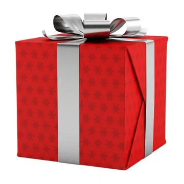 Red gift box with silver ribbon isolated on white background Illustrazione stock