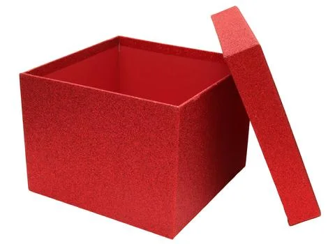 Red gift box sits alone on a white background with the lid partly open, exp.. Stock Photos