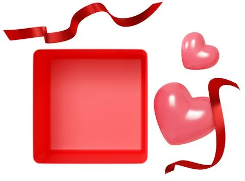 A red gift box sits alongside two pink hearts and shiny ribbons. This setup.. Stock Photos