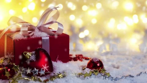 Red gift box on snow falling with bokeh background Christmas and New year banner Stock Footage 339418698