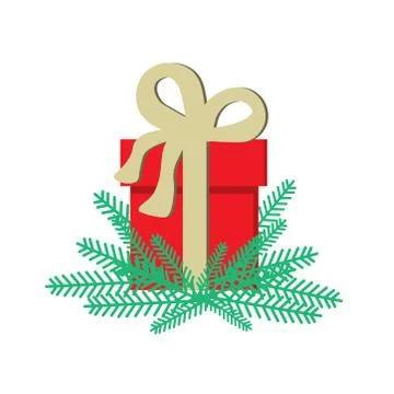 A red gift box stands in the branches of a Christmas tree. 库存插图