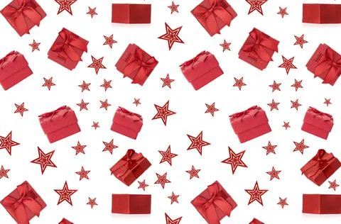 Red gift box with stars seamless pattern. Stock Photos