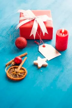 Red gift box with tag Stock Photos