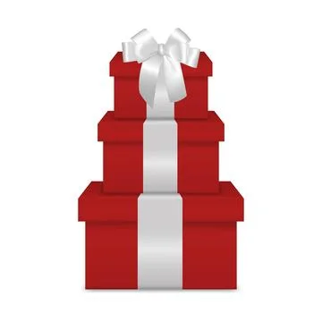 Red Gift Box Tower with White Ribbon. Stack of Red Present Boxes, Realistic 3D Stock Illustration