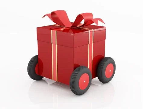Red gift box on wheels Stock Illustration