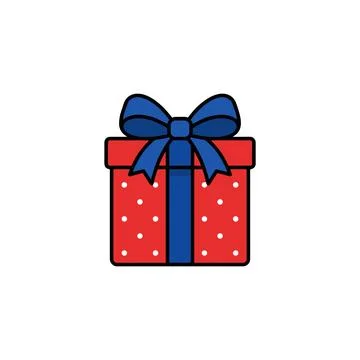 A red gift box with white polka dots and a blue ribbon bow, isolated on a whi Stock Illustration
