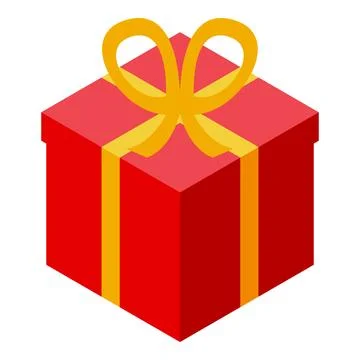Red gift box wrapped with golden ribbon and bow in isometric view Stock Illustration