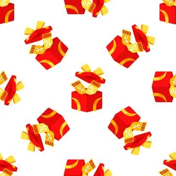 Red gift boxes with discount coupons and yellow ribbons seamless pattern on Stock Illustration