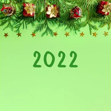 Red gift boxes with gold braid and branches of New Year tree on green paper.  Stock Photos
