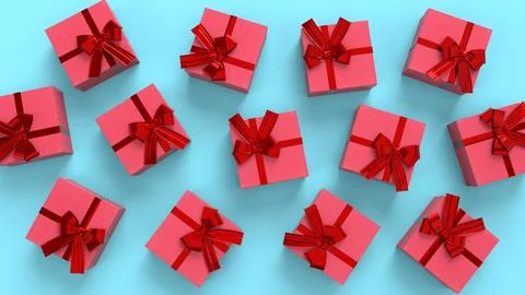 Red gift boxes with ribbon on light blue background . Christmas gifts 스톡 일러스트