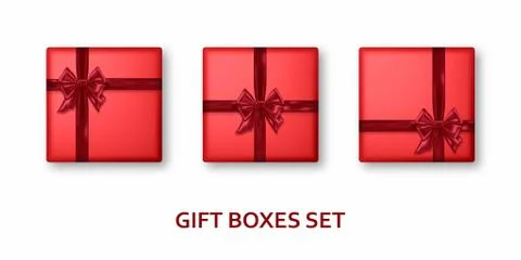 Red gift boxes with ribbons and bows. Realistic presents isolated on white Stock Illustration