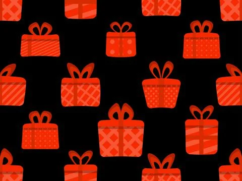 Red gift boxes seamless pattern. Gift boxes with geometric patterns, stripes イラスト素材