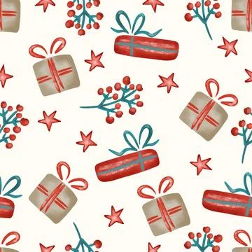 Red gift boxes seamless pattern holiday ornaments and stars on a background Illustrazione stock