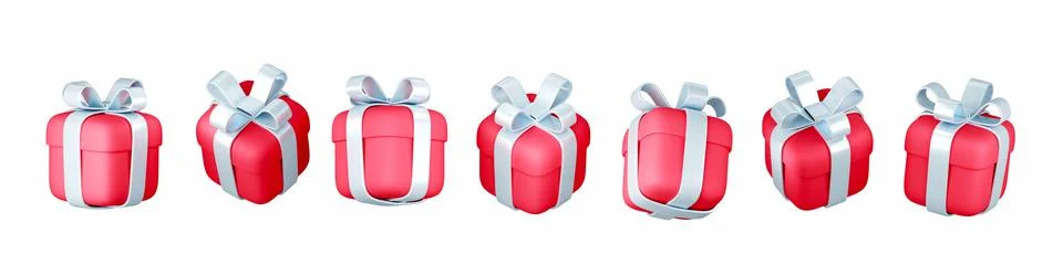 Red gift boxes with silver bows isolated on white background in different views Stock Illustration