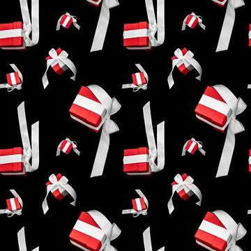 Red gift boxes with white bows levitate on a black background. Template Fotos Stock