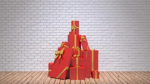 Red gift boxes with yellow ribbon. white brick wall. Space for text. 3D rende Stock Photos