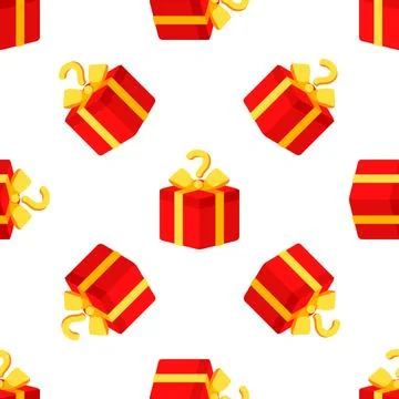 Red gift boxes with yellow ribbons and question marks forming a seamless pattern 스톡 일러스트