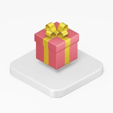 Red gift icon with a yellow bow. 3d rendering square button key isometric vie Stock Illustration