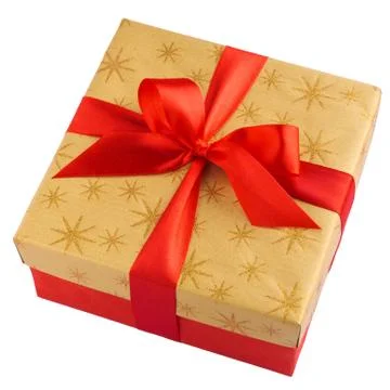 Red gift or present box with golden colored top and red ribbon bow isolated on Stock Photos
