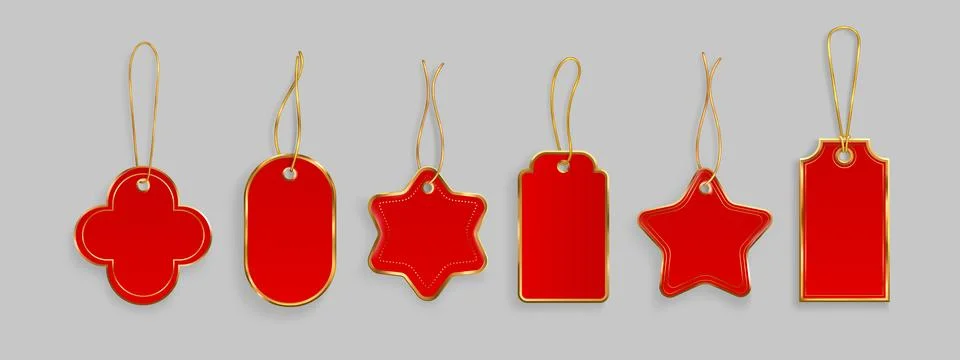 Red gift tags with gold string hanging loops Stock Illustration