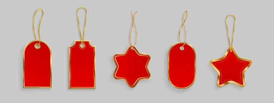 Red gift tags with gold string hanging loops Stock Illustration