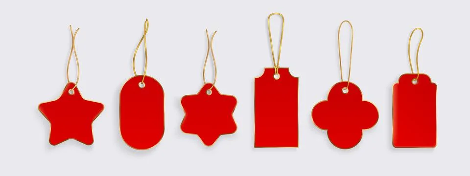 Red gift tags with gold string hanging loops Stock Illustration