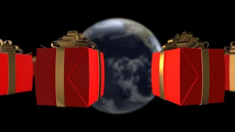 Red giftbox around the world - black background Stock Footage 85734947