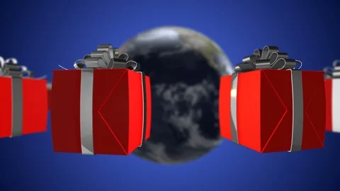 Red giftbox around the world - blue background Stock Footage 85734025